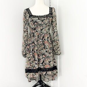 Band of Gypsies Medium Black Floral Square Neck Midi Dress